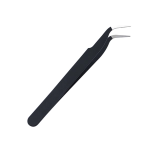 Macro shot of a professional black coated stainless steel curved precision tweezer tool