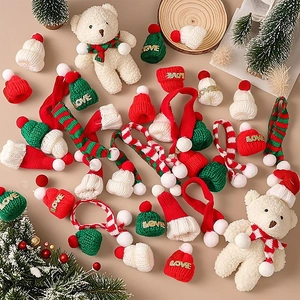 Mini Christmas knitted hats and scarves with LOVE embroidery for festive decorations