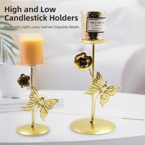 Elegant gold metal butterfly and rose candle holders set for table decoration