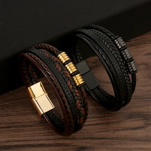 Handmade layered leather bracelets for men and women with stainless steel magnetic clasps