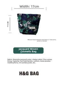 Detail of floral jacquard makeup bag with 17x14cm dimensions and durable canvas lining