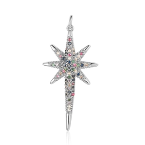 Macro view of silver star pendant with colorful zircon stones and polished finish