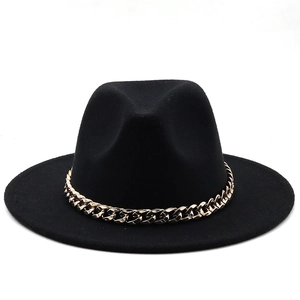 British Style Wide Brim Fedora Hat Gold Chain Woolen Felt Jazz Hat For Women Men Fashion Flat Top Winter Warm Panama Hat