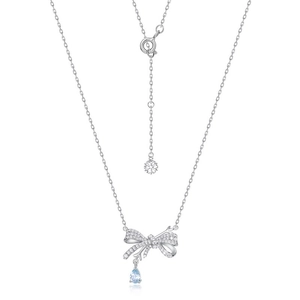 S925 sterling silver bow necklace with blue teardrop topaz and sparkling diamonds