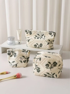 Floral Embroidery Makeup Bag Cotton Linen Quilted Cosmetic Organizer Travel Portable Toiletry Pouch For Women