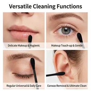 Black dual-ended cotton swabs for makeup correction and ear cleaning set in 4-grid view
