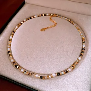 Vintage Freshwater Pearl Beaded Necklace With Agate Stone And Copper Beads Elegant Maillard Style Jewelry For Women