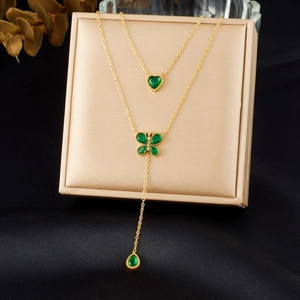 Double-layered gold stainless steel necklace with emerald heart, butterfly and waterdrop