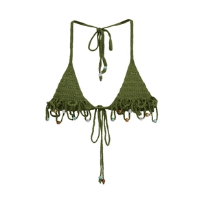 Detail of dark green crochet bikini top with handmade fringe and colorful bead accents