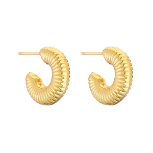 Polished 18K gold plated C-shape hoop earrings with textured spiral ribbed design