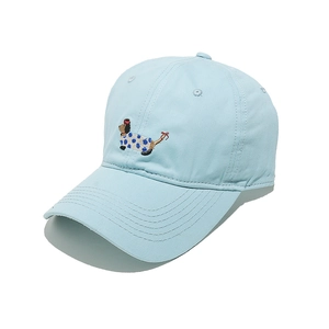 Close-up of light blue cotton baseball cap featuring detailed sausage dog embroidery