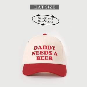 Detail view of adjustable baseball cap with Daddy Needs A Beer embroidery and size chart