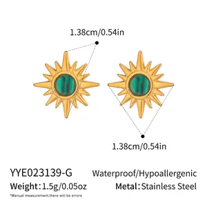 Dettagli tecnici degli orecchini a sole in acciaio inossidabile dorato e malachite