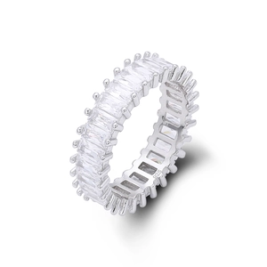 Detailed close-up of 925 sterling silver eternity ring with rectangular zircon stones