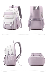 Detailed views of purple and beige backpack showing side, back, profile, and bottom angles
