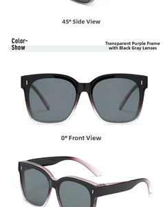 Detail view of large purple gradient frame sunglasses with dark grey polarized lenses