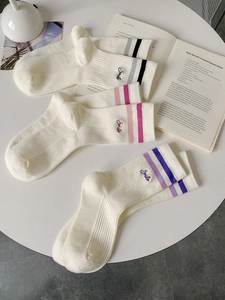 Detail of breathable mesh knit sports socks with double stripes and Smile embroidery