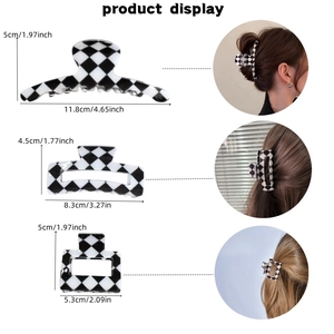 Checkboard acetate hair claws in three sizes with dimensions and on-model display
