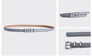 Detailed views of a slim blue leather belt with a classic pin buckle for women