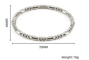Detailed view of silver bead bangle with dimensions 70MM by 58MM and 18g weight info