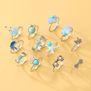 Ensemble de bagues océan en alliage argenté avec tortue de mer, dauphin et turquoise