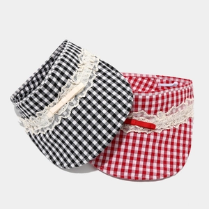 Japanese style checkered pet bibs with beige lace edges and decorative bows