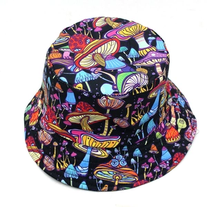 Unisex black bucket hat with colorful psychedelic mushroom print for outdoor sun protection