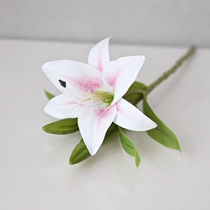 Detailed close-up of realistic white and pink lilies with green leaves and lifelike stems
