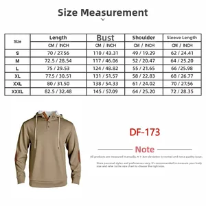 Detailed size chart for men's hooded sweatshirt featuring S to 3XL dimensions in CM and inches