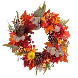 Autumn wreath with red sunflowers, pine cones, and maple leaves for front door decor