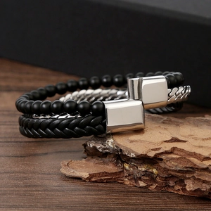 Men's double-layer bracelet with black matte beads, braided leather and silver metal clasp
