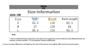 Size guide for distressed denim jacket showing shoulder, chest and back length measurements