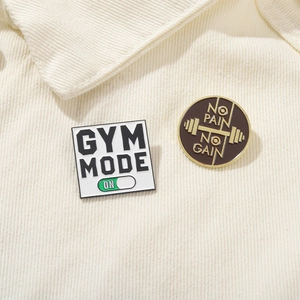 Gym Mode On and No Pain No Gain metal enamel fitness brooch set on corduroy