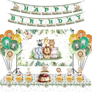 Detailed jungle animal party set with lion backdrop banners and colorful balloons