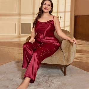 Burgundy silk camisole and pants set for women, elegant loungewear set with pearl luster