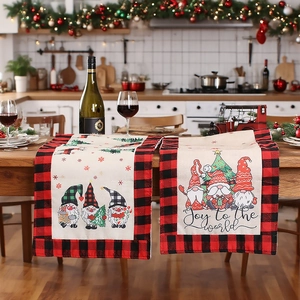 Christmas Table Runner Linen Buffalo Plaid Red Black Gnomes Print Merry Christmas Joy To The World Dining Decor