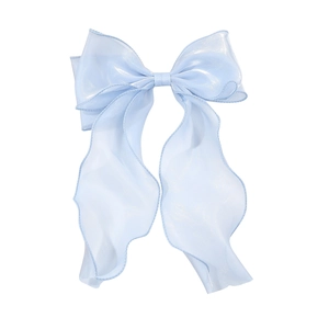 Elegant light blue organza ribbon bow hair clip with translucent shimmering finish