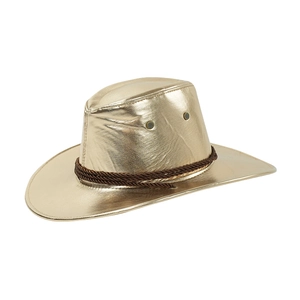 Metallic gold PU leather cowboy hat with brown braided rope band and curved brim