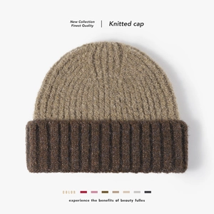 Bonnet en Tricot de Laine Colorblock pour Femme Hiver Chaud Épais Tricot à Côtes avec Revers Extérieur Décontracté Souple Extensible