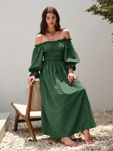 Retro Schulterfreies Maxikleid in Grün mit Puffärmeln und ausgestelltem A-Linien-Saum
