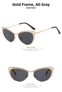 Cat eye glasses with gold metal frames and gray lenses showing front and side views
