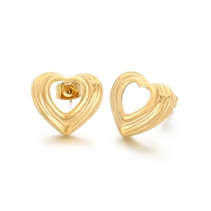Hollow heart-shaped 18K gold-plated stainless steel stud earrings in polished finish