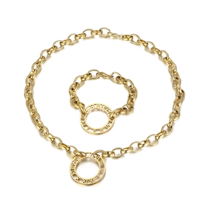 Hip hop chunky chain jewelry set with Roman numeral round pendants in gold plated steel