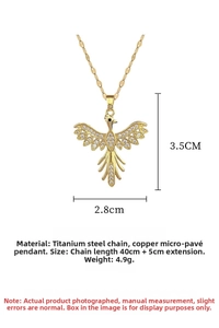 Detailed view of phoenix pendant necklace in titanium steel with zircon inlay