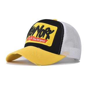 Black and yellow mesh trucker hat with 3D NEW YORK embroidery and distressed brim