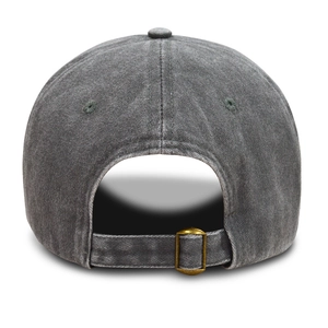 Detail view of washed dark gray cotton baseball cap with adjustable metal buckle back