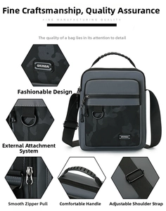 Detail view of durable oxford fabric texture and heavy-duty zippers on a grey crossbody bag
