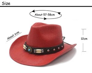 Detail of red straw cowboy hat with leather band, turquoise stone, and size dimensions