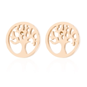 Golden stainless steel Tree of Life stud earrings with a polished hollow circular design