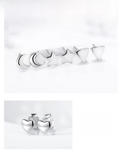 Polished S925 sterling silver studs featuring moon, star, heart, and triangle shapes